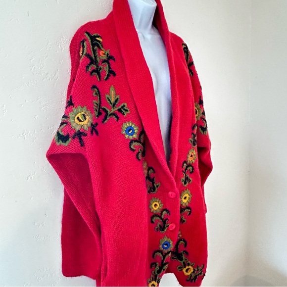 CERVELLE Vintage Wool Blend Embroidered Floral Longline Shawl Collar Cardigan L - Picture 6 of 12
